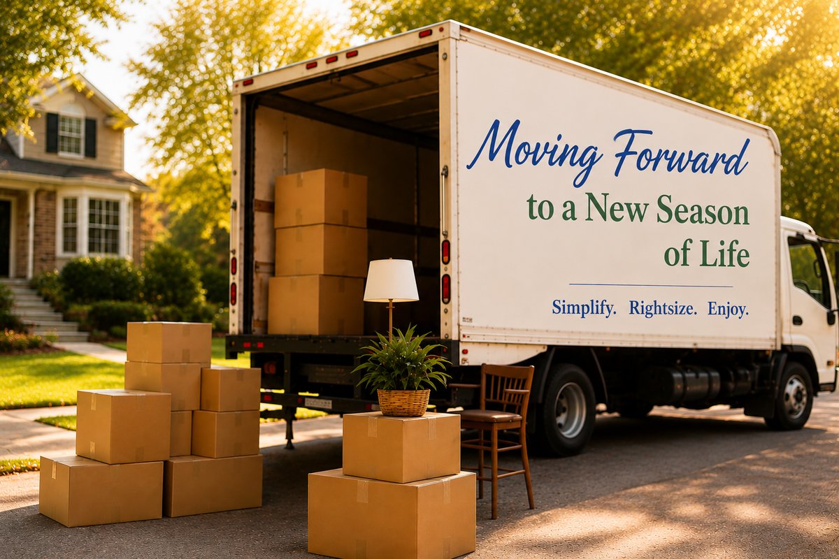 A moving truck reading Moving Forward to a New Season of Life — Simplify. Rightsize. Enjoy.