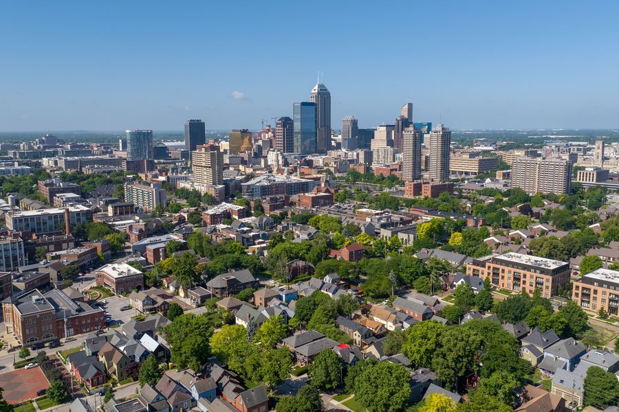 Indianapolis skyline over close-in city neighborhoods